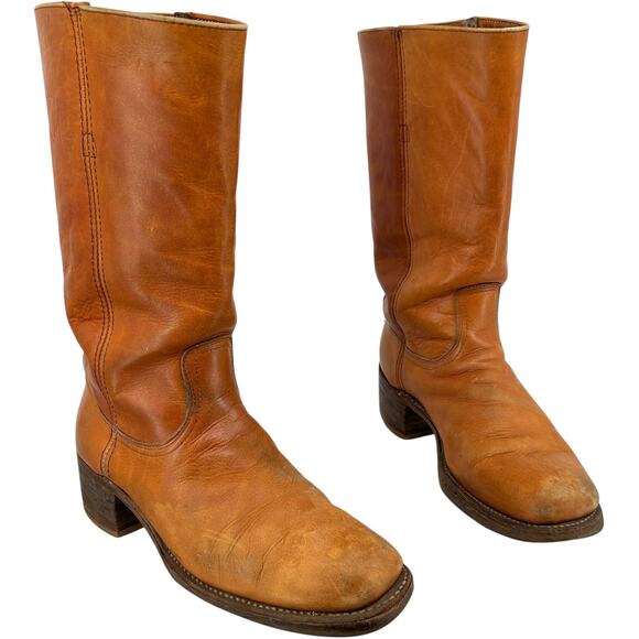Vintage 70s Men's 11 D Frye 2556 Black Label Orange/Tan Leather 15" Campus Boots - Picture 1 of 8